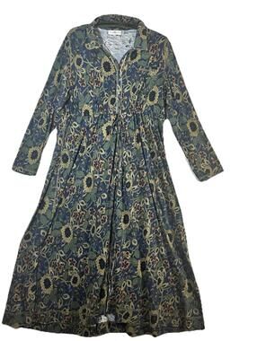 Natural Life Boho Floral Sun Flower Midi Dress Waist Tie Button Front Sz Xl